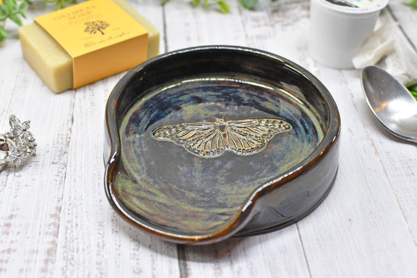 Monarch Butterfly Ceramic Spoon Rest, Handmade Stoneware Pottery, Kitchen Stove Top Dining, Soap Dish, Wine Bottle Drip in Black and Gray