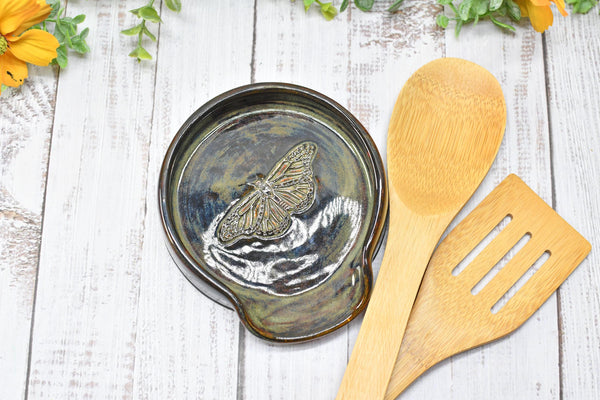 Monarch Butterfly Ceramic Spoon Rest, Handmade Stoneware Pottery, Kitchen Stove Top Dining, Soap Dish, Wine Bottle Drip in Black and Gray