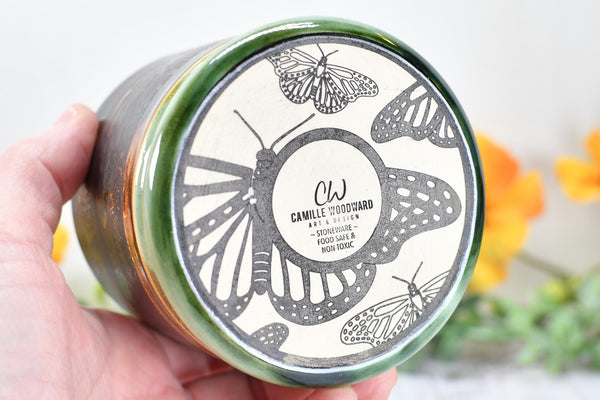Ceramic Butterfly Bronze Cup - Pottery Anniversary Tumbler, Wine, Whiskey, Bourbon, Handmade, Black, Green, Tan, Monarch Garden Lover Gift