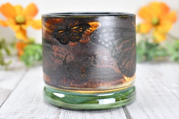 Ceramic Butterfly Bronze Cup - Pottery Anniversary Tumbler, Wine, Whiskey, Bourbon, Handmade, Black, Green, Tan, Monarch Garden Lover Gift