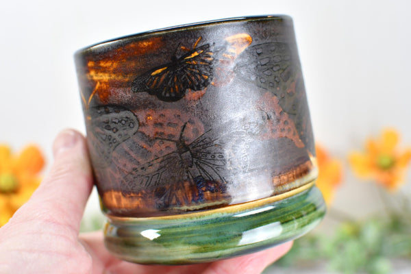 Ceramic Butterfly Bronze Cup - Pottery Anniversary Tumbler, Wine, Whiskey, Bourbon, Handmade, Black, Green, Tan, Monarch Garden Lover Gift