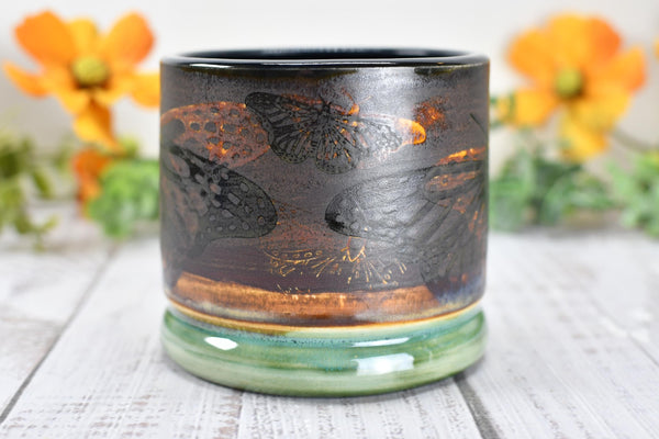 Ceramic Butterfly Bronze Cup - Pottery Anniversary Tumbler, Wine, Whiskey, Bourbon, Handmade, Black, Green, Tan, Monarch Garden Lover Gift