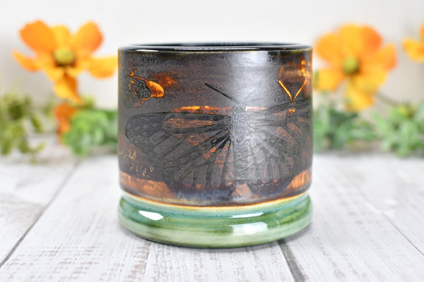 Ceramic Butterfly Bronze Cup - Pottery Anniversary Tumbler, Wine, Whiskey, Bourbon, Handmade, Black, Green, Tan, Monarch Garden Lover Gift