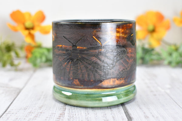 Ceramic Butterfly Bronze Cup - Pottery Anniversary Tumbler, Wine, Whiskey, Bourbon, Handmade, Black, Green, Tan, Monarch Garden Lover Gift