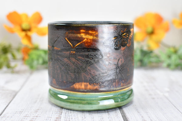 Ceramic Butterfly Bronze Cup - Pottery Anniversary Tumbler, Wine, Whiskey, Bourbon, Handmade, Black, Green, Tan, Monarch Garden Lover Gift