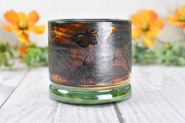 Ceramic Butterfly Bronze Cup - Pottery Anniversary Tumbler, Wine, Whiskey, Bourbon, Handmade, Black, Green, Tan, Monarch Garden Lover Gift