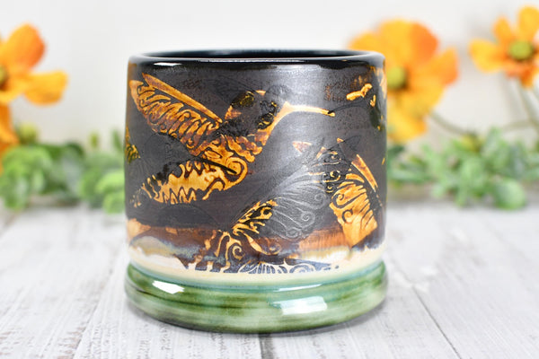 Bronze Anniversary Gift Hummingbird Pottery Cup, Whiskey Bourbon, Handmade Ceramic Tumbler Bar Wine, Black, Green, Tan, Bird Lover