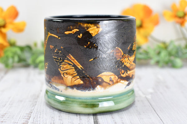 Bronze Anniversary Gift Hummingbird Pottery Cup, Whiskey Bourbon, Handmade Ceramic Tumbler Bar Wine, Black, Green, Tan, Bird Lover