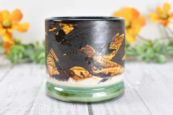 Bronze Anniversary Gift Hummingbird Pottery Cup, Whiskey Bourbon, Handmade Ceramic Tumbler Bar Wine, Black, Green, Tan, Bird Lover