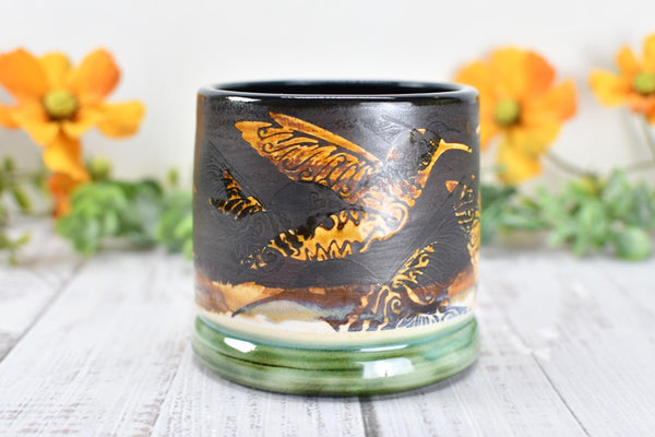 Bronze Anniversary Gift Hummingbird Pottery Cup, Whiskey Bourbon, Handmade Ceramic Tumbler Bar Wine, Black, Green, Tan, Bird Lover