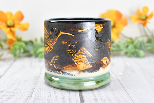 Bronze Anniversary Gift Hummingbird Pottery Cup, Whiskey Bourbon, Handmade Ceramic Tumbler Bar Wine, Black, Green, Tan, Bird Lover