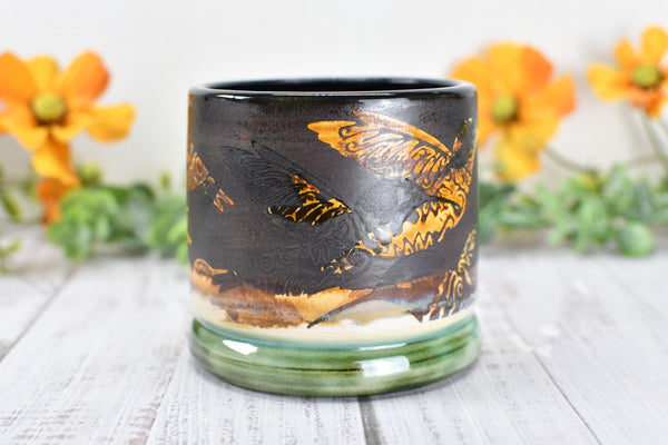 Bronze Anniversary Gift Hummingbird Pottery Cup, Whiskey Bourbon, Handmade Ceramic Tumbler Bar Wine, Black, Green, Tan, Bird Lover