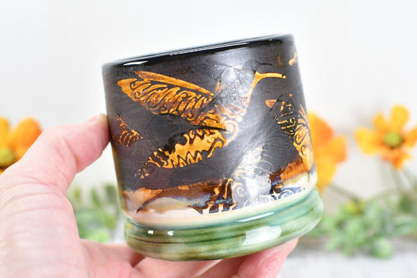 Bronze Anniversary Gift Hummingbird Pottery Cup, Whiskey Bourbon, Handmade Ceramic Tumbler Bar Wine, Black, Green, Tan, Bird Lover