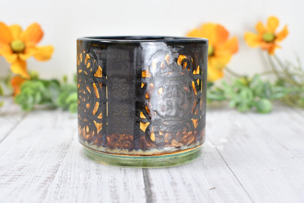 Whiskey Bourbon Cup, Bronze Pottery Anniversary Handmade Ceramic Tumbler BoHo Art Lover Wine Gift, Black, Olive Green, Tan Moroccan Pattern