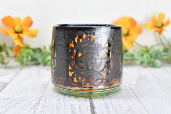 Whiskey Bourbon Cup, Bronze Pottery Anniversary Handmade Ceramic Tumbler BoHo Art Lover Wine Gift, Black, Olive Green, Tan Moroccan Pattern