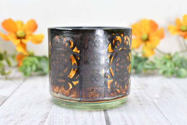 Whiskey Bourbon Cup, Bronze Pottery Anniversary Handmade Ceramic Tumbler BoHo Art Lover Wine Gift, Black, Olive Green, Tan Moroccan Pattern