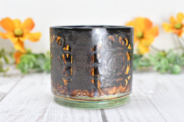 Whiskey Bourbon Cup, Bronze Pottery Anniversary Handmade Ceramic Tumbler BoHo Art Lover Wine Gift, Black, Olive Green, Tan Moroccan Pattern