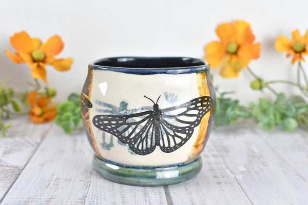 Ceramic Bronze Pottery Anniversary Gift, Butterfly Organizer Vase Cup, Handmade, Black, Green, Tan, Monarch Kitchen Bath Garden Lover Decor