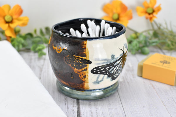 Ceramic Bronze Pottery Anniversary Gift, Butterfly Organizer Vase Cup, Handmade, Black, Green, Tan, Monarch Kitchen Bath Garden Lover Decor