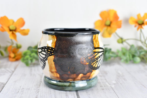 Ceramic Bronze Pottery Anniversary Gift, Butterfly Organizer Vase Cup, Handmade, Black, Green, Tan, Monarch Kitchen Bath Garden Lover Decor