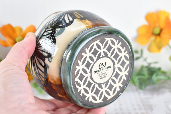 Ceramic Bronze Pottery Anniversary Gift, Butterfly Organizer Vase Cup, Handmade, Black, Green, Tan, Monarch Kitchen Bath Garden Lover Decor