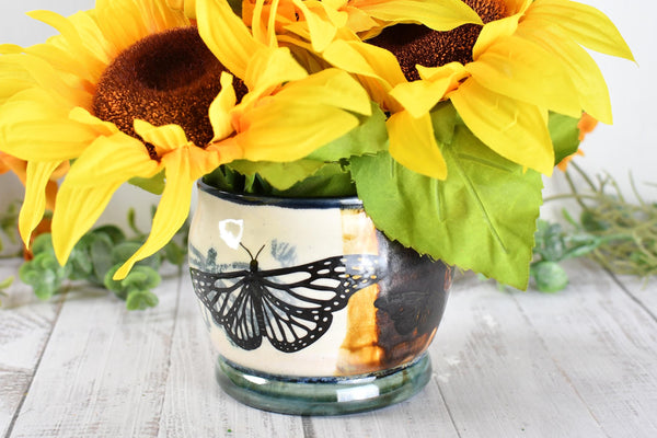 Ceramic Bronze Pottery Anniversary Gift, Butterfly Organizer Vase Cup, Handmade, Black, Green, Tan, Monarch Kitchen Bath Garden Lover Decor