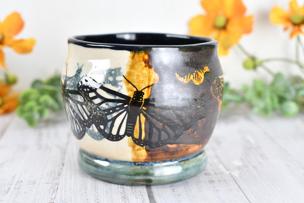 Ceramic Bronze Pottery Anniversary Gift, Butterfly Organizer Vase Cup, Handmade, Black, Green, Tan, Monarch Kitchen Bath Garden Lover Decor