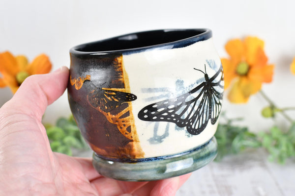 Ceramic Bronze Pottery Anniversary Gift, Butterfly Organizer Vase Cup, Handmade, Black, Green, Tan, Monarch Kitchen Bath Garden Lover Decor