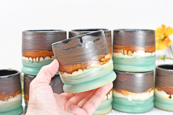 Handmade Ceramic Whiskey Tumbler, Bronze & Turquoise, Eco-Friendly 9th Anniversary Gift