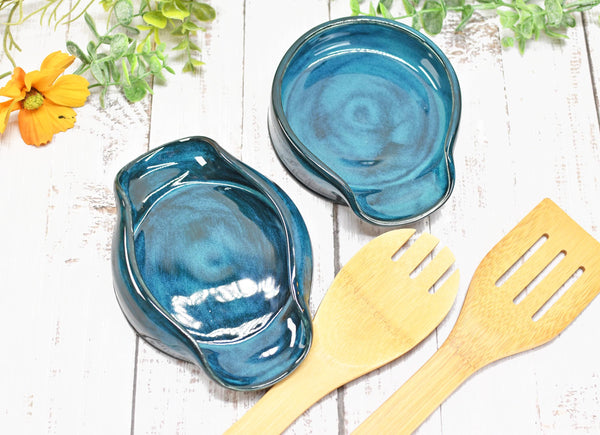 Blue Teal Ceramic Spoon Rest, Turquoise Handmade Small, Medium, Large Pottery for Stovetop, Table Counter - Housewarming Christmas Gift