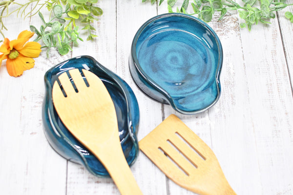 Blue Teal Ceramic Spoon Rest, Turquoise Handmade Small, Medium, Large Pottery for Stovetop, Table Counter - Housewarming Christmas Gift