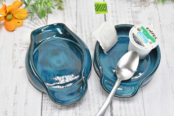 Blue Teal Ceramic Spoon Rest, Turquoise Handmade Small, Medium, Large Pottery for Stovetop, Table Counter - Housewarming Christmas Gift