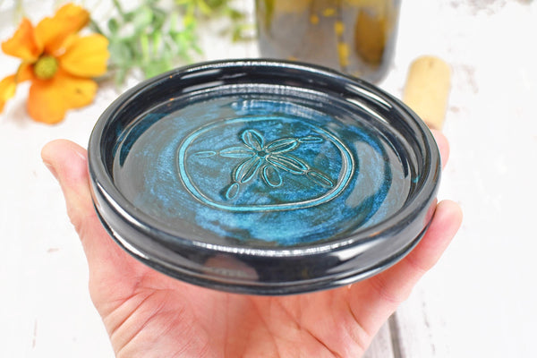 Seashell Ceramic Spoon Rest, Blue Black Beach Decor Handmade Stoneware Pottery for Stovetop, Table, or Counter with Sand Dollar