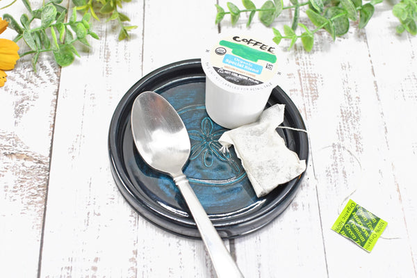 Seashell Ceramic Spoon Rest, Blue Black Beach Decor Handmade Stoneware Pottery for Stovetop, Table, or Counter with Sand Dollar