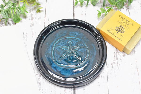 Seashell Ceramic Spoon Rest, Blue Black Beach Decor Handmade Stoneware Pottery for Stovetop, Table, or Counter with Sand Dollar