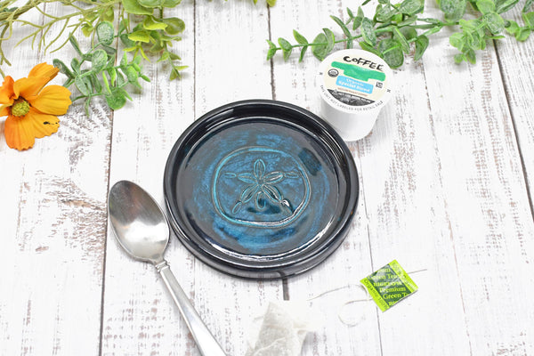 Seashell Ceramic Spoon Rest, Blue Black Beach Decor Handmade Stoneware Pottery for Stovetop, Table, or Counter with Sand Dollar