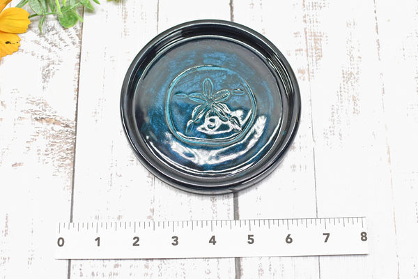 Seashell Ceramic Spoon Rest, Blue Black Beach Decor Handmade Stoneware Pottery for Stovetop, Table, or Counter with Sand Dollar