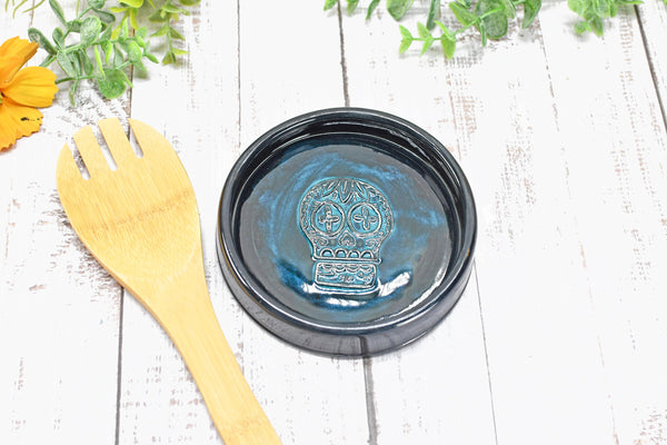 Sugar Skull Spoon Rest Ceramic Bronze Handmade Stoneware Pottery Large Stovetop Counter Coffee Bar Day of The Dead Kitchen Dining Goth Decor