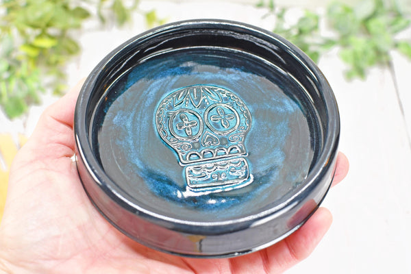 Sugar Skull Spoon Rest Ceramic Bronze Handmade Stoneware Pottery Large Stovetop Counter Coffee Bar Day of The Dead Kitchen Dining Goth Decor