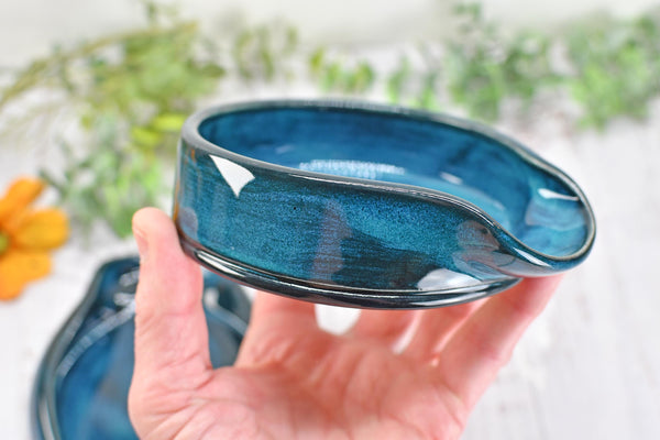 Blue Teal Ceramic Spoon Rest, Turquoise Handmade Small, Medium, Large Pottery for Stovetop, Table Counter - Housewarming Christmas Gift