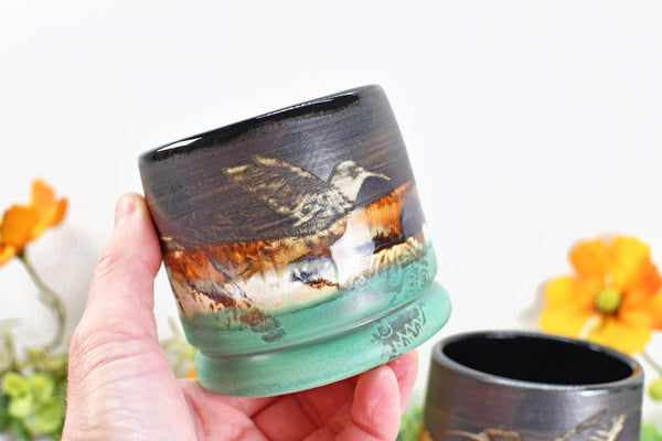 Hummingbird Bronze Tan Whiskey Bourbon Cup, Pottery Anniversary Handmade Ceramic Tumbler Bar Wine Gift, Black, Green, Bird Lover, per Each