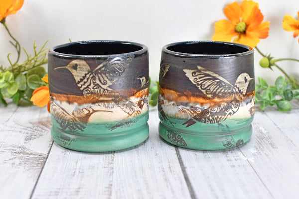 Hummingbird Bronze Tan Whiskey Bourbon Cup, Pottery Anniversary Handmade Ceramic Tumbler Bar Wine Gift, Black, Green, Bird Lover, per Each