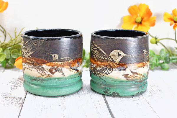 Hummingbird Bronze Tan Whiskey Bourbon Cup, Pottery Anniversary Handmade Ceramic Tumbler Bar Wine Gift, Black, Green, Bird Lover, per Each