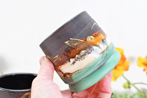 Hummingbird Bronze Tan Whiskey Bourbon Cup, Pottery Anniversary Handmade Ceramic Tumbler Bar Wine Gift, Black, Green, Bird Lover, per Each