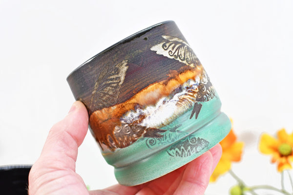 Hummingbird Bronze Tan Whiskey Bourbon Cup, Pottery Anniversary Handmade Ceramic Tumbler Bar Wine Gift, Black, Green, Bird Lover, per Each