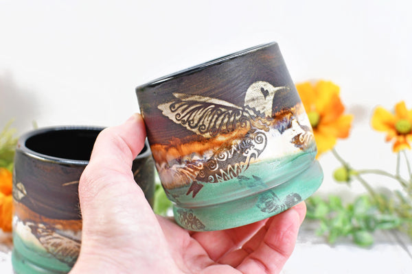 Hummingbird Bronze Tan Whiskey Bourbon Cup, Pottery Anniversary Handmade Ceramic Tumbler Bar Wine Gift, Black, Green, Bird Lover, per Each