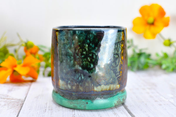 Sugar Skull Bronze Whiskey Bourbon Cup, Pottery Anniversary Handmade Ceramic Tumbler Barware Wine Gift, Blue, Black, Green, Gothic Unique