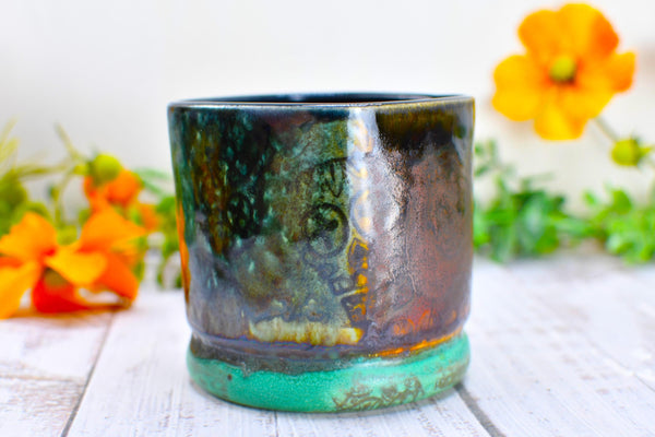 Sugar Skull Bronze Whiskey Bourbon Cup, Pottery Anniversary Handmade Ceramic Tumbler Barware Wine Gift, Blue, Black, Green, Gothic Unique