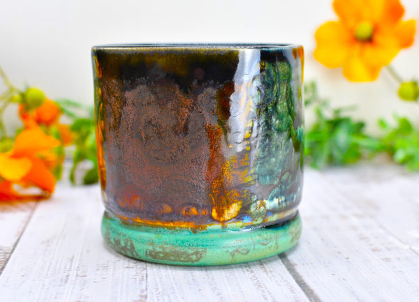 Sugar Skull Bronze Whiskey Bourbon Cup, Pottery Anniversary Handmade Ceramic Tumbler Barware Wine Gift, Blue, Black, Green, Gothic Unique