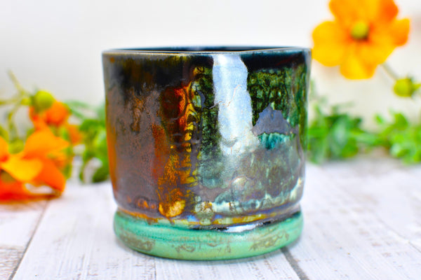 Sugar Skull Bronze Whiskey Bourbon Cup, Pottery Anniversary Handmade Ceramic Tumbler Barware Wine Gift, Blue, Black, Green, Gothic Unique